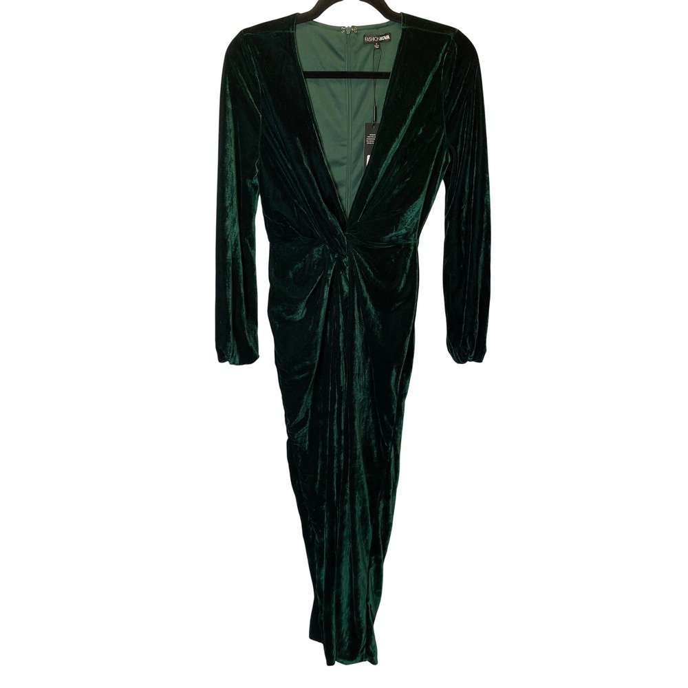 Fashion Nova Sugar Free Velvet Maxi Dress Womens Medium Green Holiday Glam Party